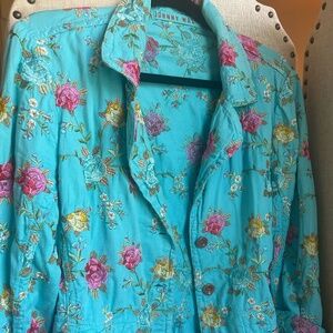 JOHNNY Was Embroidered Blazer Jacket Vibrant Teal Boho Floral Roses Jacket M